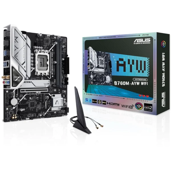 ASUS B760M-AYW WIFI mATX DDR5 Motherboard, PCIe 4.0, WiFi 6, 2.5Gb Ethernet, Dual M.2, HDMI, USB 3.2 Gen 1, For Intel LGA1700 14th/13th/12th Gen