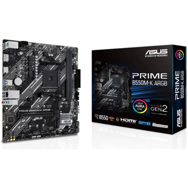 ASUS PRIME B550M-K ARGB mATX DDR4 Motherboard, PCIe 4.0, Dual M.2, HDMI, DisplayPort, USB 3.2 Gen 1, Aura Sync, For AMD AM4 Ryzen 5000/5000 G-Series/4000 G-Series/3000